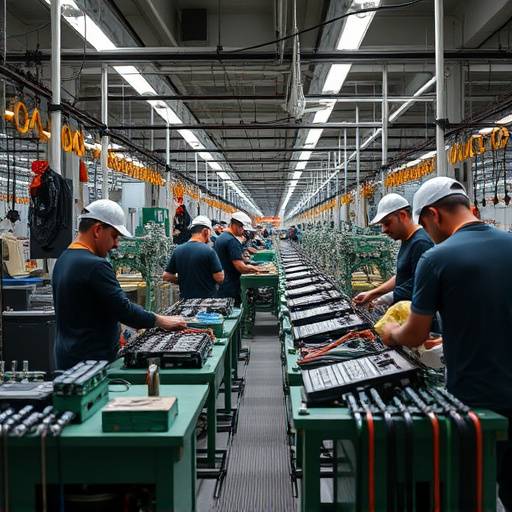 Fabbrica italiana con operai al lavoro su una catena di montaggio